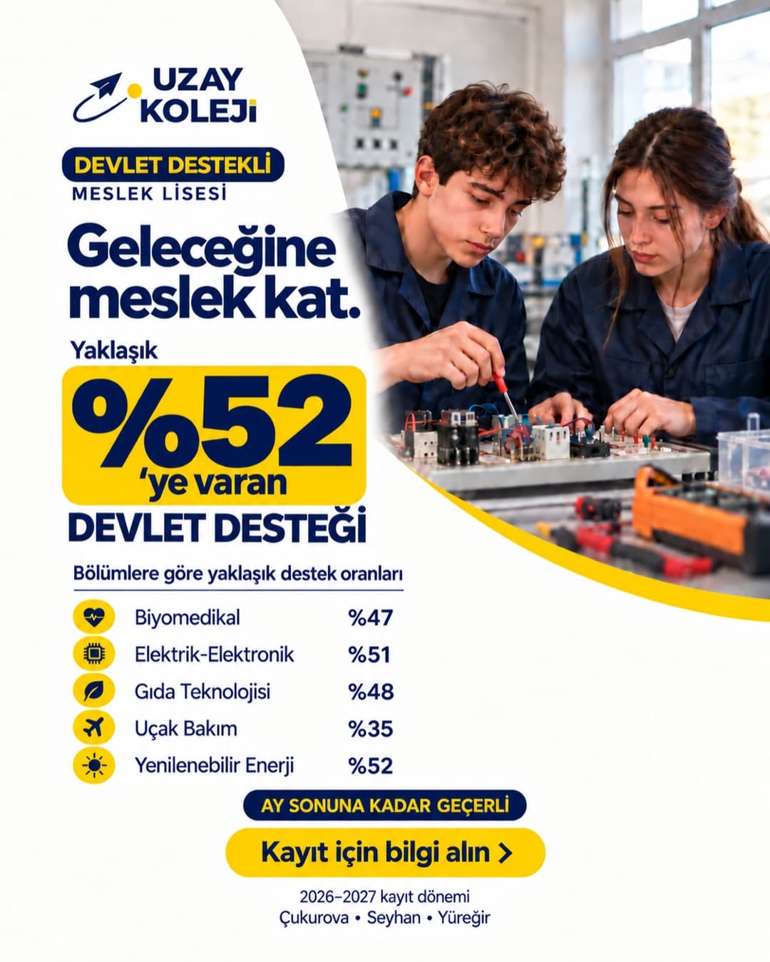 Uzay Koleji devlet desteği kampanyası kapak kartı, bölümlere göre destek oranları